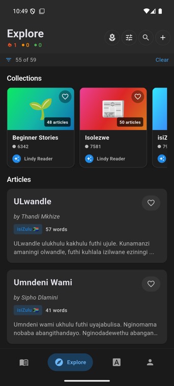 The Explore tab with collections and graded articles
