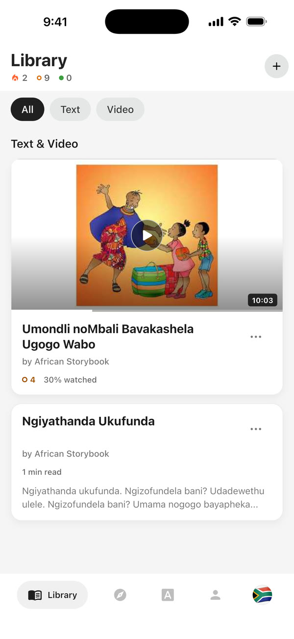 A Library with two reads added by the learner: an illustrated isiZulu story video and a pasted page from a children's book.
