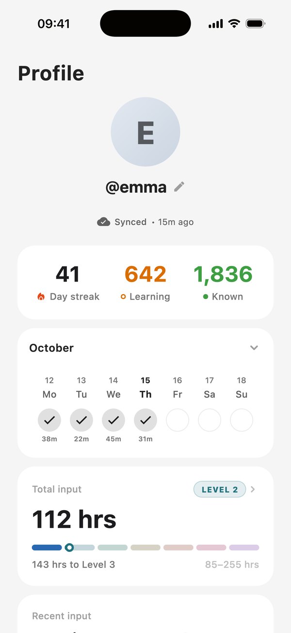 The Profile screen: a 41-day streak, 642 words learning and 1,836 known, this week's days ticked with minutes read, and 112 hours of input at Level 2 of 7.