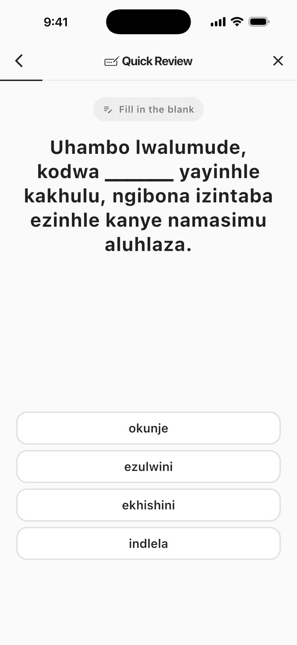 A fill-in-the-blank quiz on a sentence from the same story, with four isiZulu words to choose from.