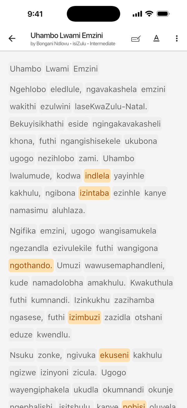 A short isiZulu story in the reader. Words still being learned are highlighted.