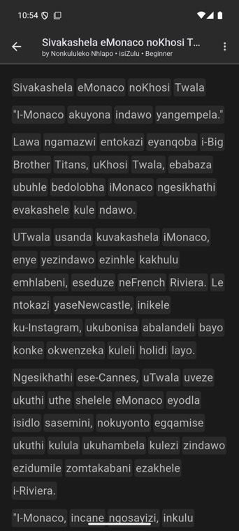 An isiZulu article in the reader, every word tappable
